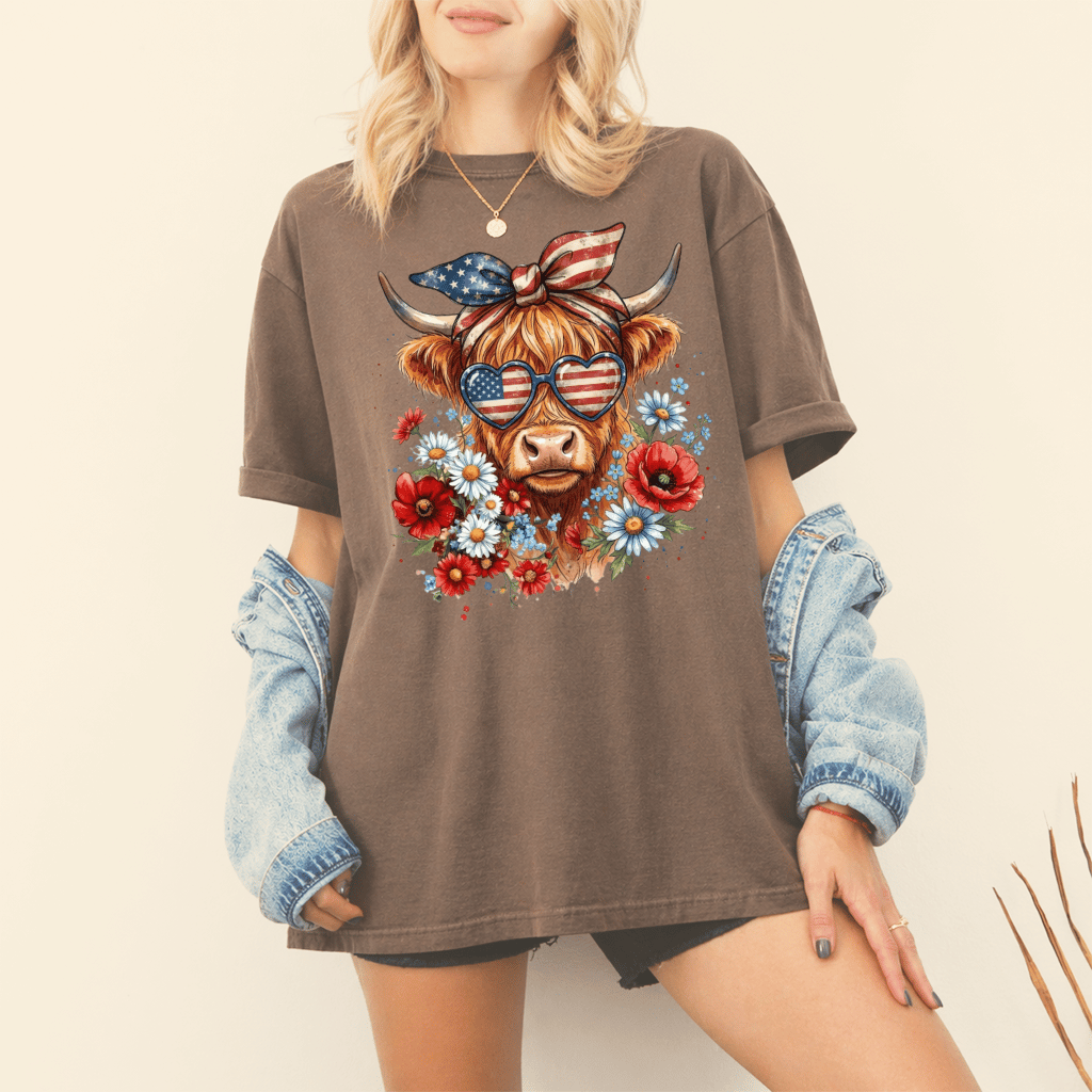 Retro Patriotic Highland Cow Comfort Colors T-Shirt – 4th of July Gift for Women, Cowgirl Tee - back view
